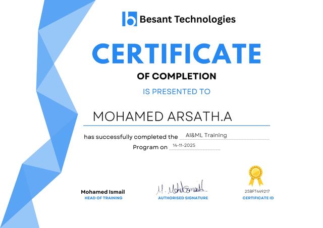 AI and ML Training certificate