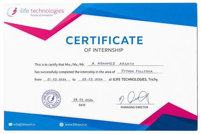Python Fullstack internship certificate